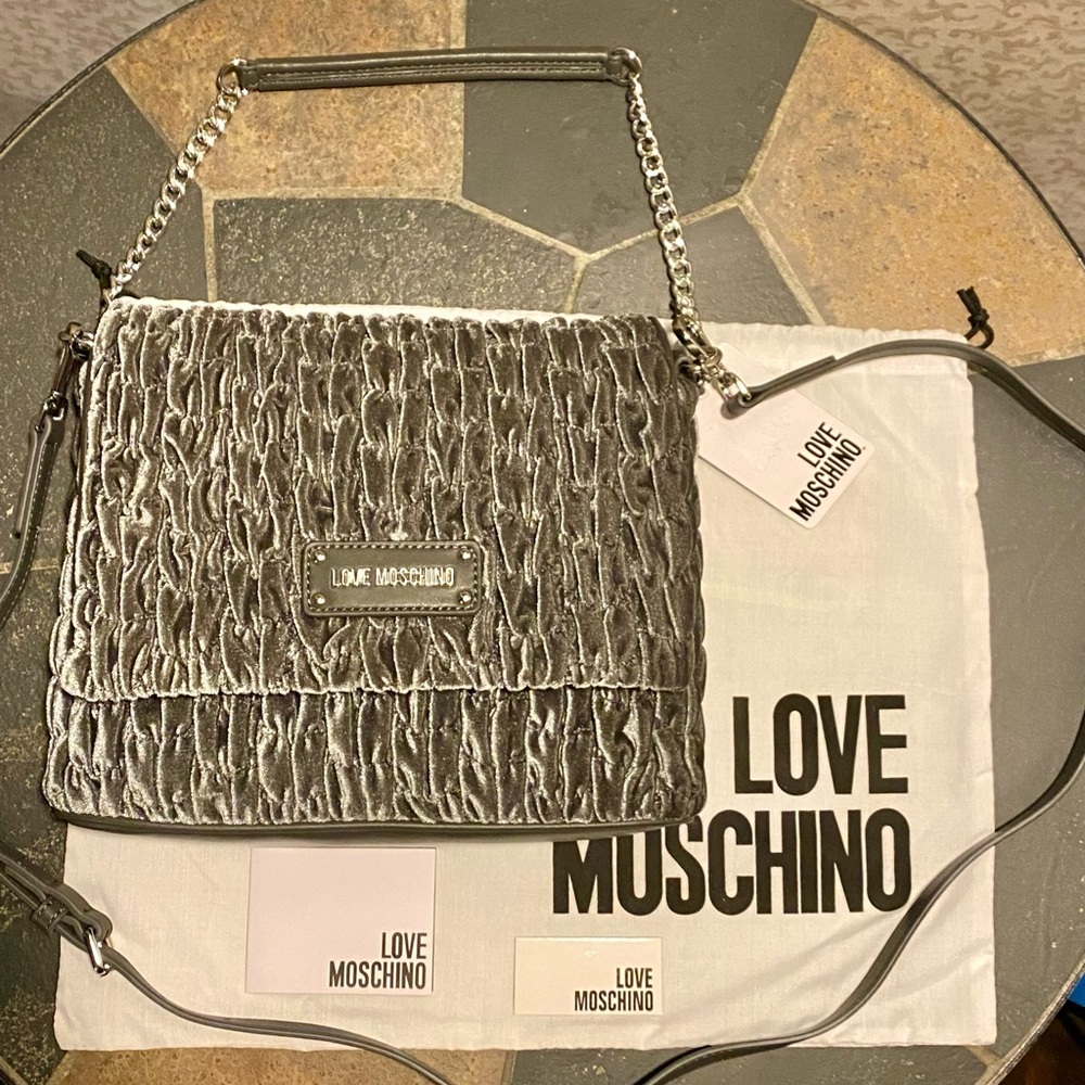 Love Moschino Gray Velvet Shoulder Bag